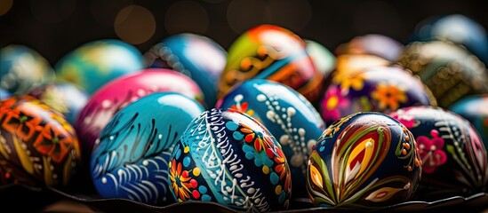 Colorful Easter eggs with beautiful painted designs Copy space image