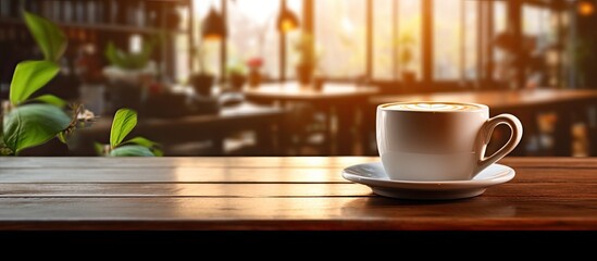 A coffee cup is seen up close on a wooden table inside a cozy coffee cafe providing a clutter free background for the image. Creative banner. Copyspace image