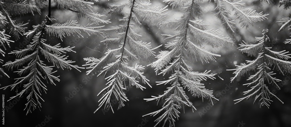 Poster a close up winter background with icy spruce branches in black and white providing ample space for t
