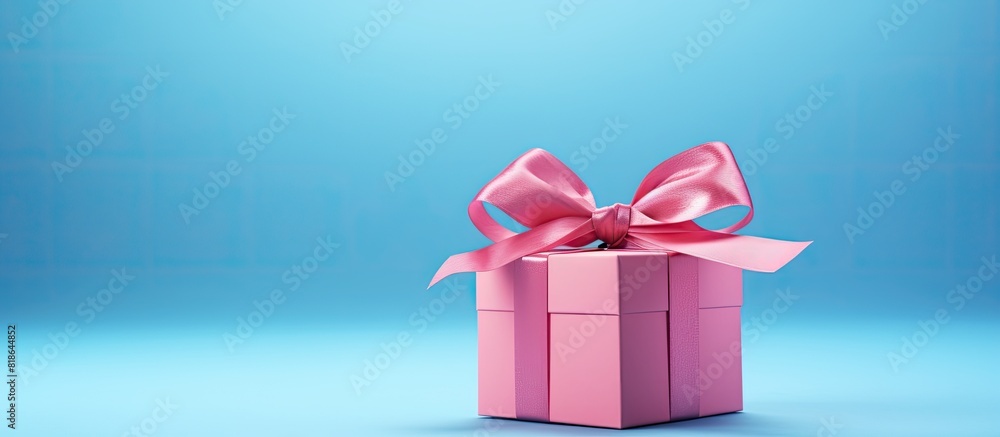 Poster A gift box with a pink satin ribbon is placed on a blue background creating a visually pleasing image that leaves room for text. Creative banner. Copyspace image