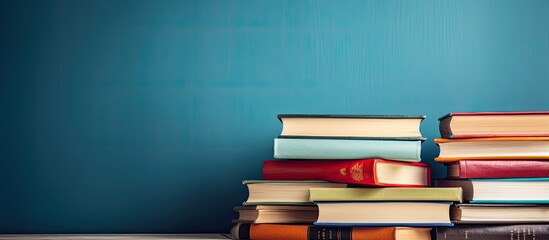 The close up image showcases a stack of books with ample copy space