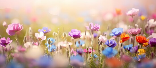 During the spring season a captivating copy space image showcases a close up view of flowers blossoming in a meadow