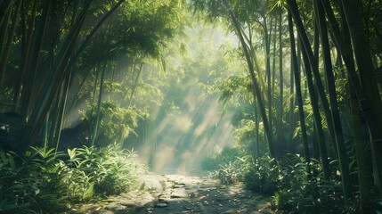 Trekking through a dense bamboo forest, with sunlight filtering through the canopy above.