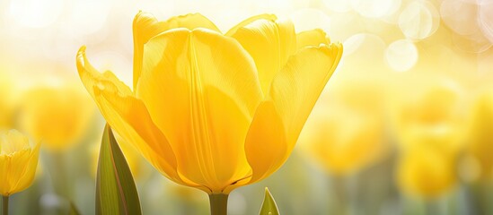A bright yellow tulip with fully opened petals basking in the sunlight creating a captivating backdrop for postcards or textures. Creative banner. Copyspace image