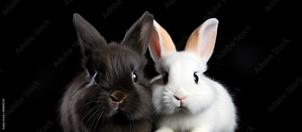 Poster copy space image featuring a charming pair of black and white pet rabbits standing out against a bla