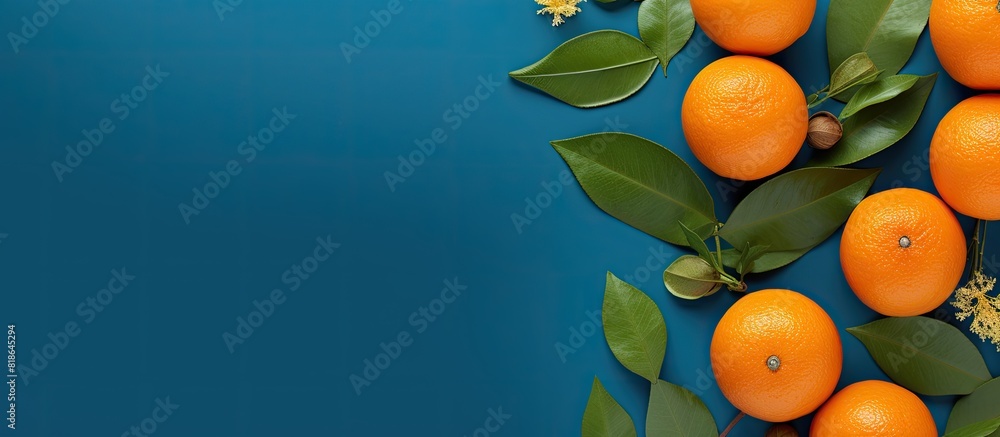 Wall mural in this blue backdrop a flat lay composition features luscious oranges vibrant leaves and ample spac