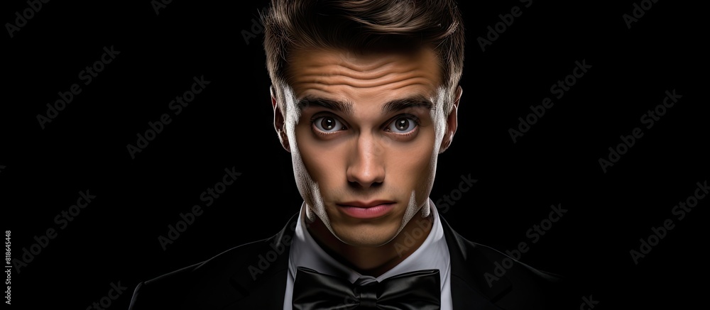 Aufkleber Copy space image of a funny and emotionally expressive young man wearing a black bow tie isolated on a black background