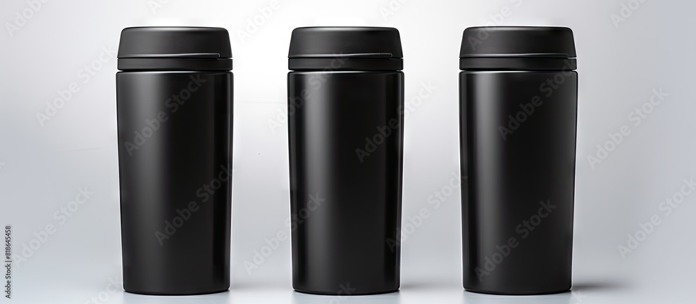 Poster a clean black thermos cup with a black lid providing copy space for text on its blank surface the cu