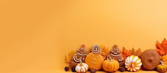 A group of autumn themed gingerbread cookies on a yellow background featuring delightful shapes like pumpkins acorns and maple leaves decorated with icing Perfect for a copy space image