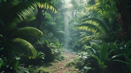 Trekking through a dense tropical rainforest, with exotic birds and lush vegetation.