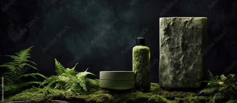 Poster copy space image of an organic cosmetic product presentation on a stone podium adorned with lush gre
