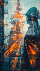 Abstract image of a worker in the oil and gas industry with industrial structures and bright lights blending together.