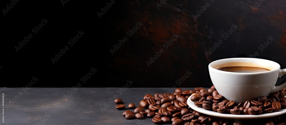 Poster an espresso coffee is displayed on an old background alongside a copy space image of coffee beans