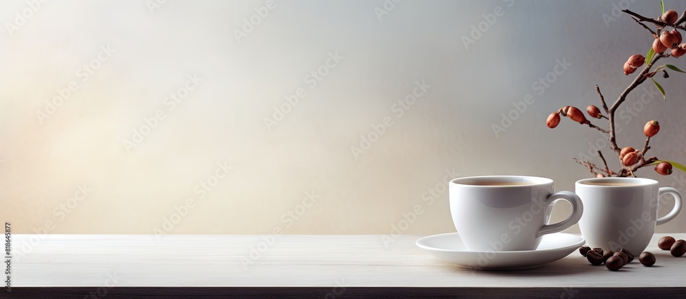 Fototapete a pack and cup of coffee are placed on a light table providing a delightful scene with ample copy sp