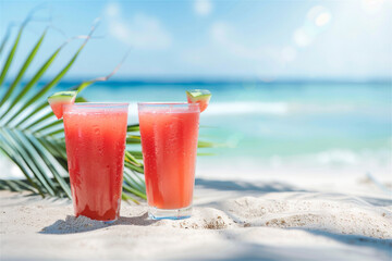 Fresh watermelon juice or smoothie in glasses with watermelon pieces served on the sand of the beautiful beach with palm leaf against sea background. Refreshing and non-alcoholic summer tropical drink