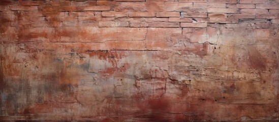 Fototapeta premium Horizontal copy space image of an aged crimson brick wall with an irregular surface set in contrast with a weathered cement backdrop