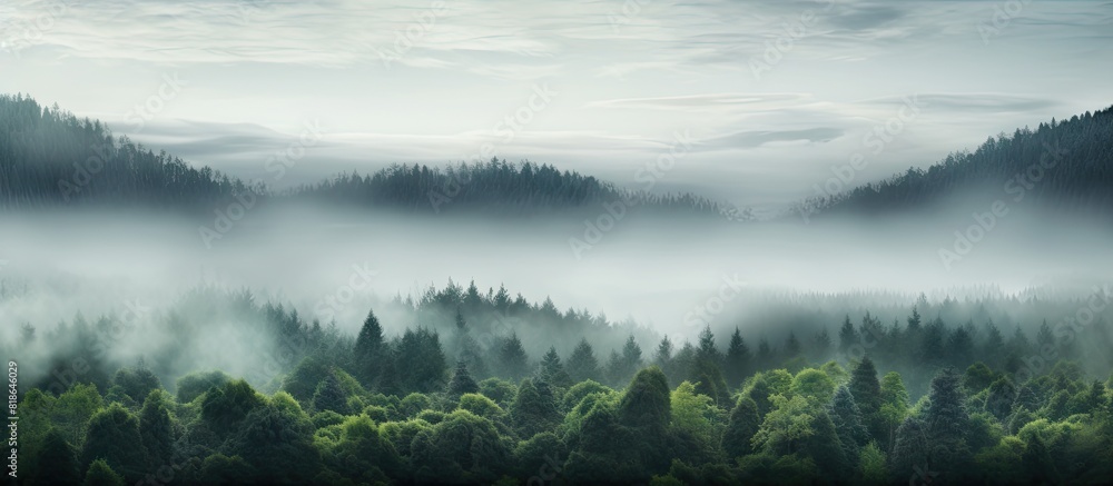 Poster on a misty morning with a foggy ambiance one could observe the tree tops in the forest there is a se