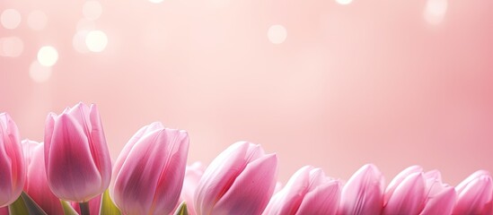 A horizontal copy space image of pink tulips arranged in a flat lay on a pink background The image features festive lights bokeh giving it a festive and celebratory feel It can be used as a backgroun