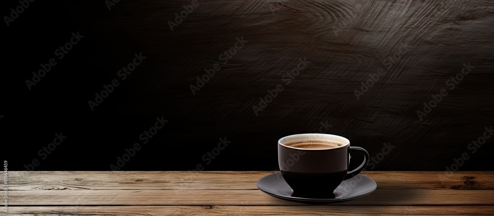 Poster There is a black cup of coffee placed on the table with empty space for image. with copy space image. Place for adding text or design