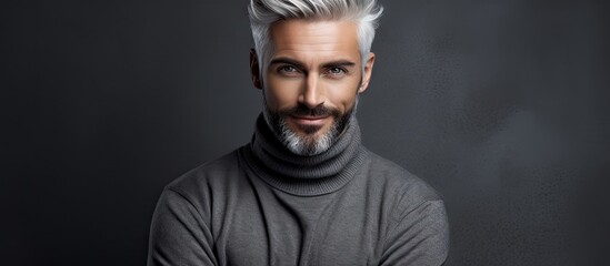 Attractive man with a modern hairstyle confidently points toward a copy space image while making eye contact with the camera standing against a grey stone background This conveys a concept of promotio - Powered by Adobe