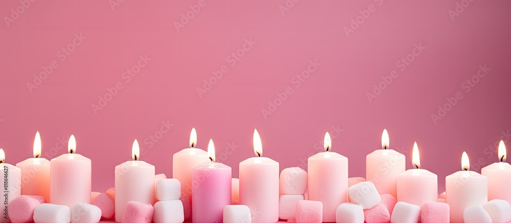 Poster The pink pastel candles and marshmallows are arranged in a top view on a pink pastel background creating a captivating copy space image