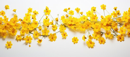 A copy space image featuring yellow flowers arranged as a backdrop on a white surface