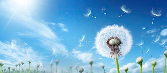 Obraz premium A dream of liberty embodied in an extravagant dandelion its seeds gracefully dispersing through the air Against a backdrop of blue sky ample room for adding text or images