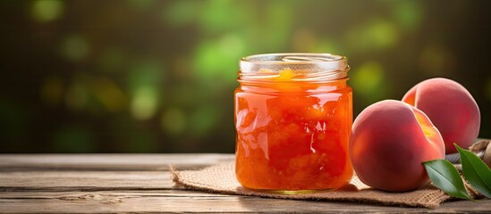 Copy space image of delicious peach jam displayed on a rustic wooden background