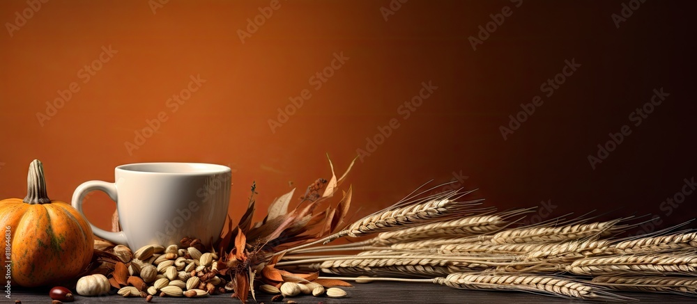 Poster a fall inspired decoration for halloween thanksgiving and the autumn season with a pumpkin cup wheat