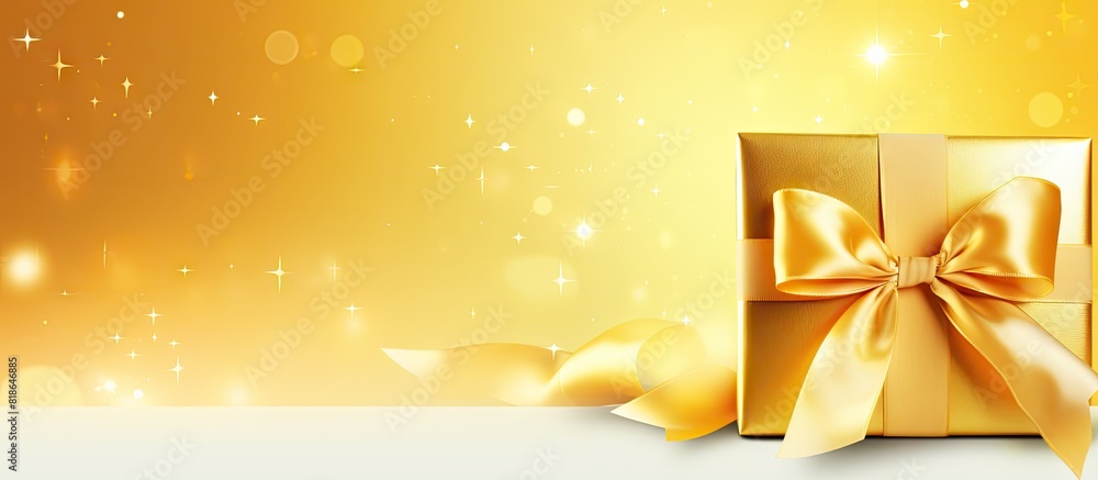 Aufkleber Copy space image of a blank message on a shiny paper background with a gold ribbon bow yellow envelope and Christmas gift or card