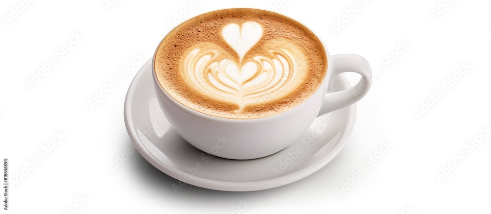 Poster Isolated on white there is a cappuccino with a heart shape The image includes copy space with a clipping path