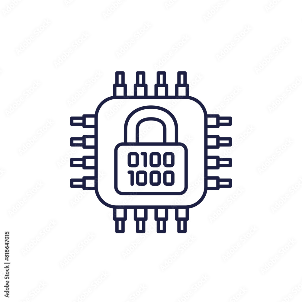 Poster hardware encryption line icon with chipset