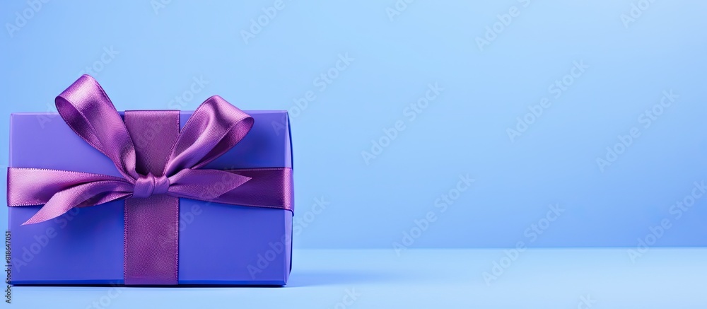 Aufkleber Panoramic shot of a blue gift with a violet ribbon placed on a blue background The image has a top view perspective allowing for copy space