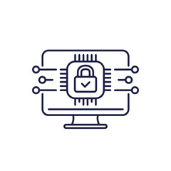 Hardware encryption line icon with a computer