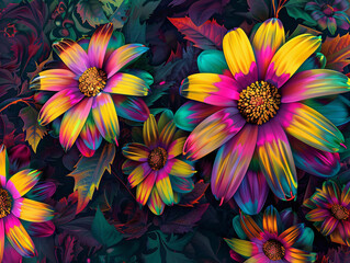 Vibrant flowers with a dark background in the manner of digital art.

