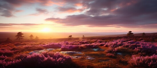 In the enchanting glow of the evening sun the alluring heather thrives Its vibrant presence illuminates the autumnal scenery painting a picturesque backdrop A captivating copy space image awaits nestl