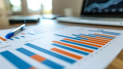 Close-up of financial graphs and charts on a desk with a laptop and pen, signifying data analysis and business planning in an office setting.