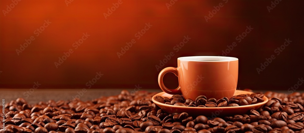 Poster image of a brown coffee cup with brown coffee beans. with copy space image. place for adding text or