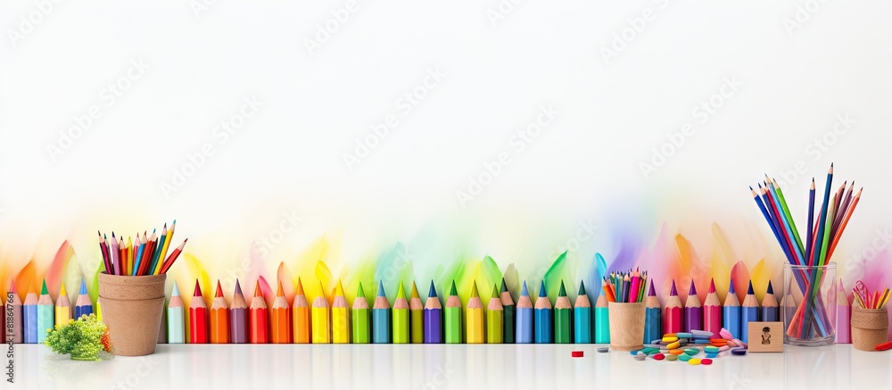 Poster Copy space image of colorful pencils and watercolor paints on a white background representing an office and education concept It showcases a work table and a working process