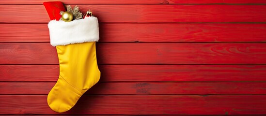 Christmas and New Year concept with a red Santa stocking placed on a yellow wooden background...