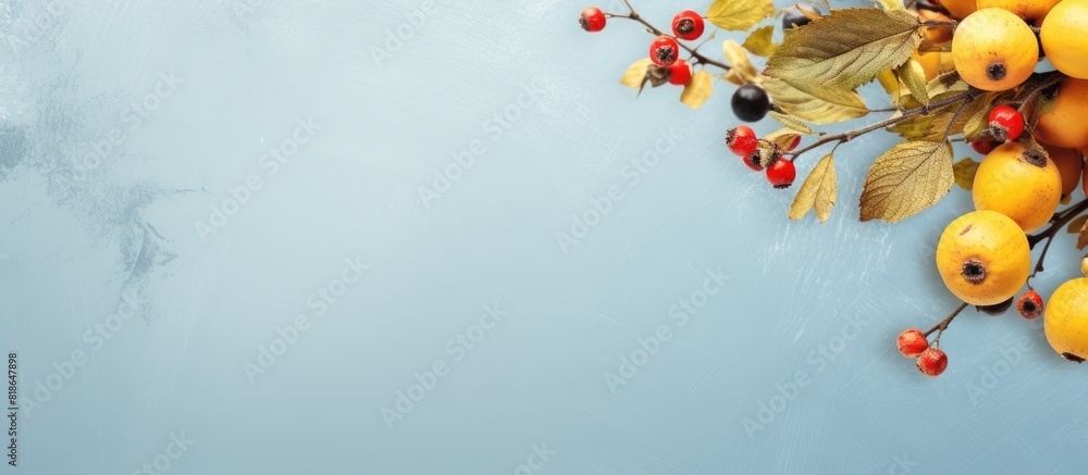 Poster A fall themed postcard featuring rosehips and blue berries set against a yellow backdrop The flat lay showcases a textured autumn inspired background with a frame and copy space for text