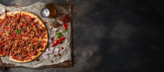 A pizza cutting board and cloth napkin are seen on a stone table surface This image depicts a food...