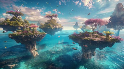A surreal dreamscape of floating islands and crystal-clear waters, with exotic flora and fauna thriving in a vibrant underwater ecosystem,