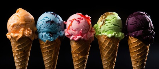 A delicious and nutritious ice cream stands out on a black surface with a close up top view The copy space image showcases its vibrant colors against a contrasting background - Powered by Adobe