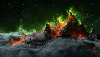 A stunning, otherworldly volcanic landscape with green flames and smoke, providing a surreal and dramatic view of natural forces at work.