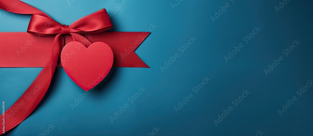 Poster A blue background hosts a heart shaped banner featuring a red empty tag tied with a ribbon bow and an accompanying envelope The setup offers a copy space image