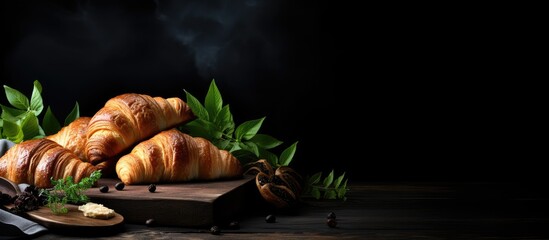 On a black bakery table a delightful assortment of freshly baked croissants and bread The enticing display leaves ample room for creativity with a copy space image - Powered by Adobe