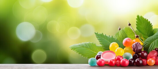 A cheerful birthday celebration featuring a vibrant assortment of candies a colorful button and a fresh green leaf all captured in a copy space image