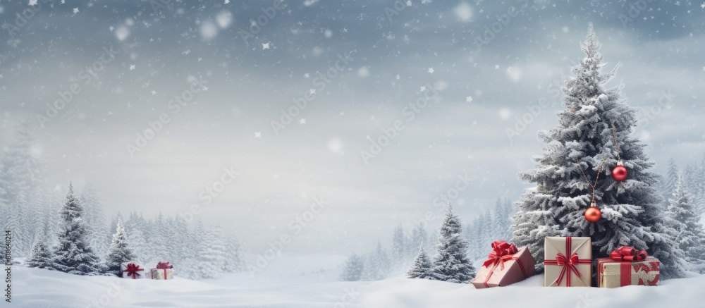 Poster A festive holiday scene with gift boxes a fir tree adorned with baubles and a snowy backdrop The image allows for space to include text and has a magical touch with falling snowflakes Perfect for a C
