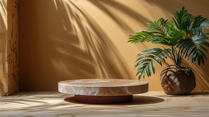 Minimalistic interior with round wooden table and potted plant casting shadows on a warm beige wall, creating a serene and natural atmosphere.